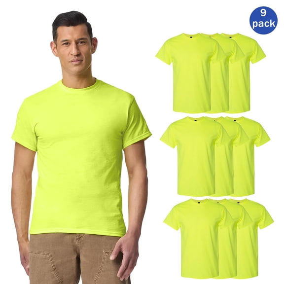 Gildan Hi Vis Workwear Safety T-shirt, Men's Short Sleeve Crewneck High Visibility Safety Green Tee, 9 Pack, S