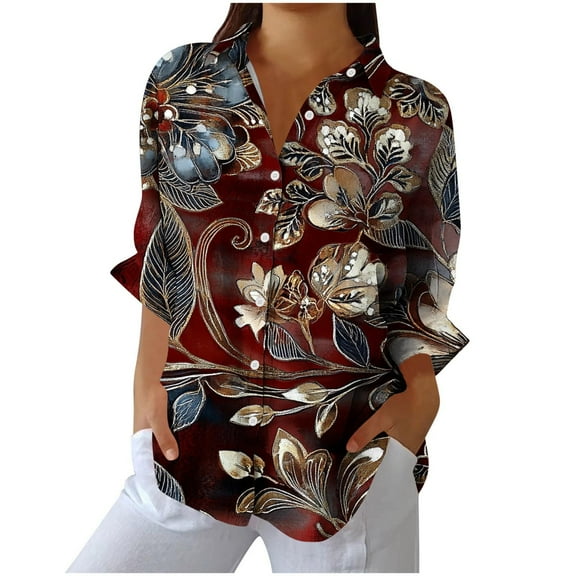 Enjoytime Shirts for Women Floral Print Long Sleeve Collared Button Down Blouse Casual Office Work Womens Plus Size Tops
