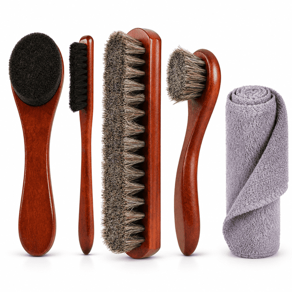AIMSEIZE Horsehair Shine Shoes Brush Kit,5Pcs,Polish Dauber Applicators,Boots Care Brushes for Cleaning Leather Shoes Shine,Sponge polishing brush With Microfiber Shoe Cloth.