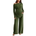 thumbnail image 3 of Jamicy Women's Maternity Clothes Solid Color 2 Piece Spring Outfits Off Shoulder Asymmetrical Top and Pants Matching Sets, 3 of 10