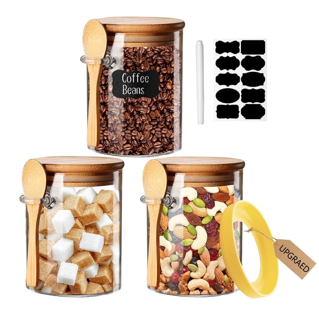 Tarros de vidrio con tapa hermética y cuchara, recipientes de vidrio para almacenamiento de alimentos, recipientes de avena con tapas, tarros decorativos de cocina para azúcar, e