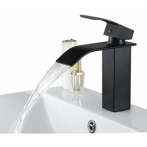 Unique Square Design Waterfall Outlet Bathroom Faucet, Easy Installation Stainless Steel Construction Faucet for Bathroom Sink Vanity, Brushed Nickel Finish Hot Cold Water Switch (Black)
