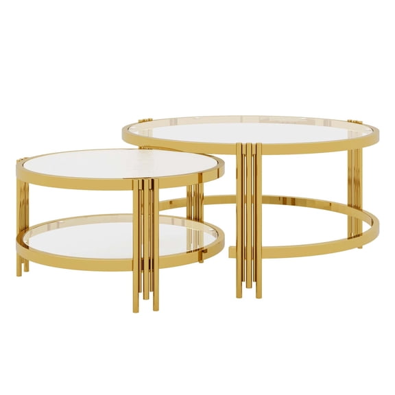 Glass Coffee Tables for Living Room Modern, 2-Piece Gold Nesting Coffee Table Circle Tempered Glass, 32.75" Size