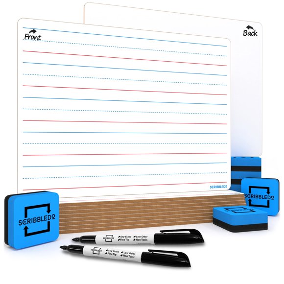 10 Pack Dry Erase Ruled Whiteboards l 9 X12 inch Lined White Board Lap Board - 10 Markers and Erasers Included (Double Sided Whiteboards )
