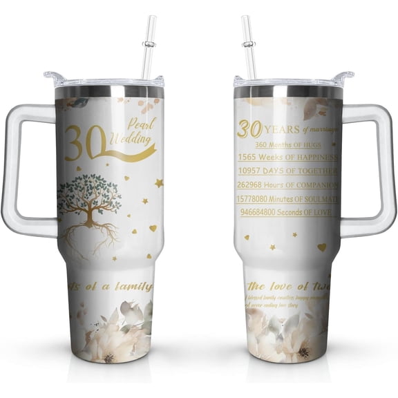 30th Wedding Gifts Anniversary Cups, Pearl Wedding 30th Anniversary Cups, 30th Anniversary Cup For Couple Parents Friends, 40 Oz Stainless Steel Tumbler with Handle and Straw (1 PC)