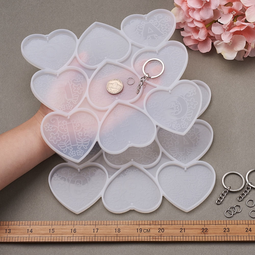DIY Keychain Molds Making Including Resin Molds Iron Keychain Ring and 304 Stainless Steel Jump Rings For UV Resin Epoxy Resin Craft Making Heart with Mandala Letter Platinum 185x203x6mm