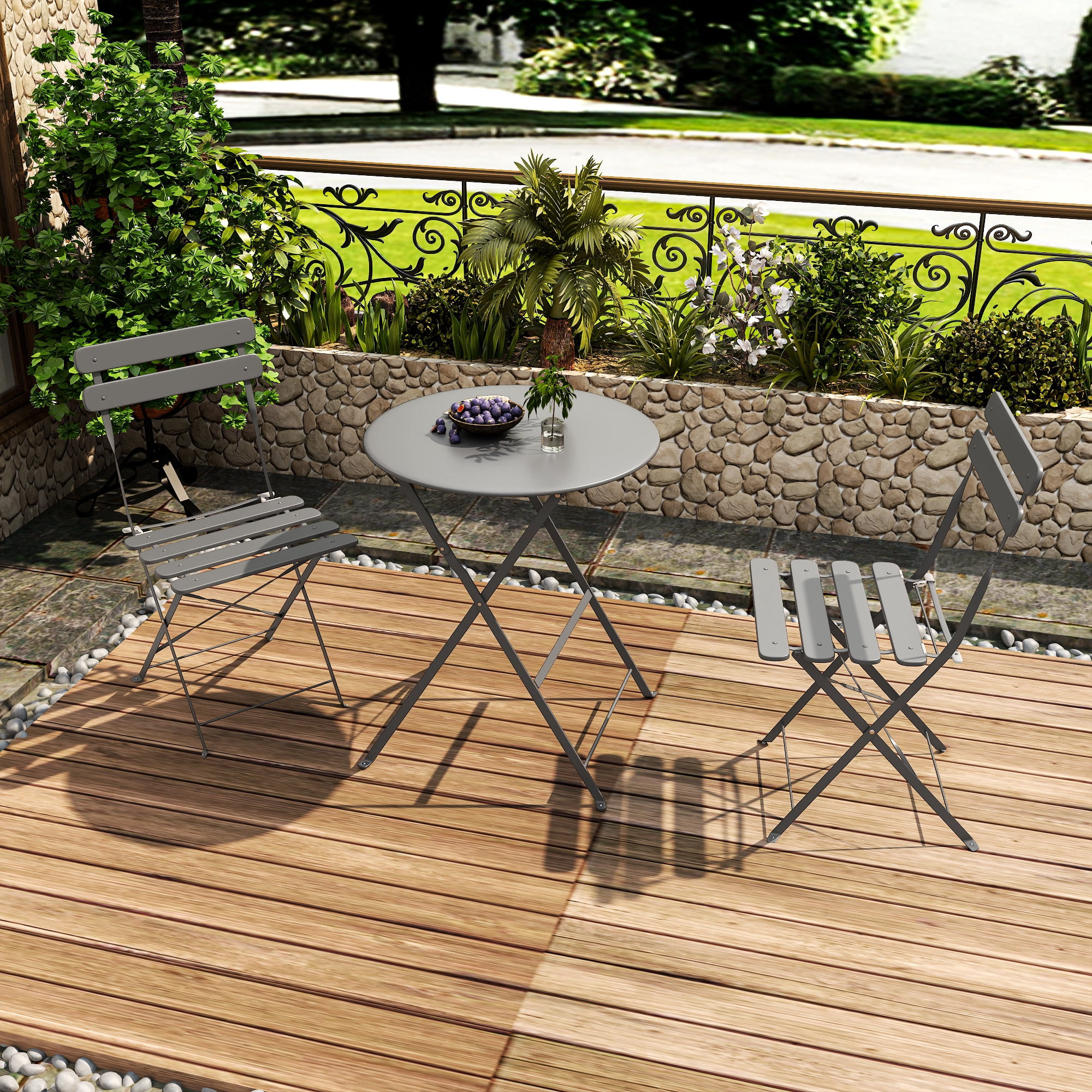 Set of 2 Table and Chairs, 3 Piece Outdoor/Indoor Folding Patio Bistro Sets, 2 Chair Patio Furniture Set with Table, Premium Frame Foldable Coffee Tables for Balcony, Yard, Garden, Grey