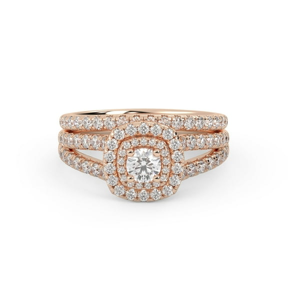 AFFY Double Halo Bridal Set Ring for Women, Center 4mm Round Lab Created Moissanite Cushion Frame Split Shank Engagement Wedding Ring in 10k Solid Rose Gold Size-10