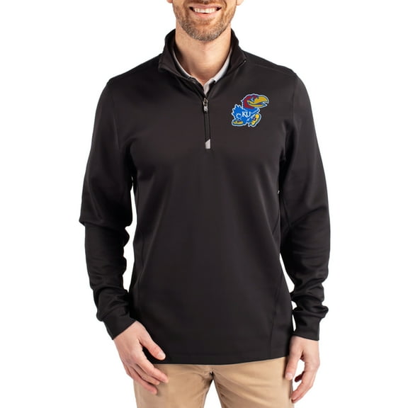 Men's-Cutter & Buck  Black Kansas Jayhawks DryTec Traverse Stretch Eco Tri-Blend Quarter-Zip Pullover