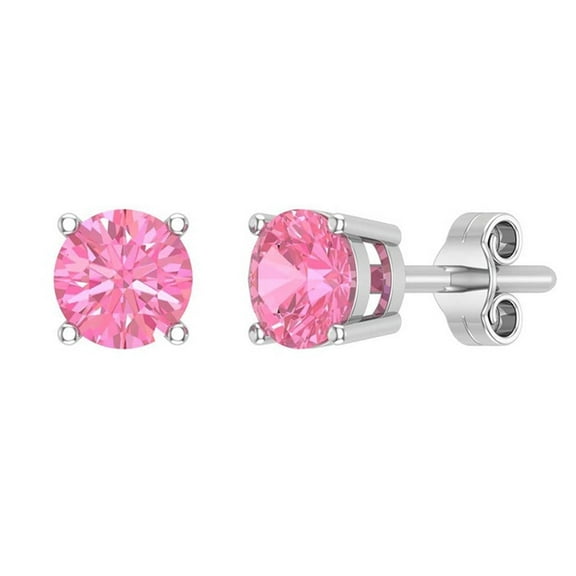 14k White Gold 3mm Round Pink Tourmaline Stud Earrings Plated by Paris Jewelry