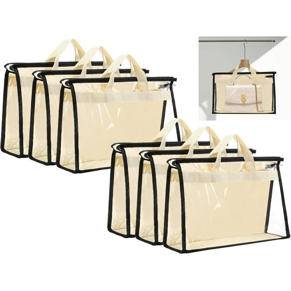 6 Pack Dust Bags for Handbags,Clear Handbag Storage Organizer,Purse Storage Bag with Zipper and Handle,Transparent Purse Protector Storage Bag,Handbag Dust Bags for Closet(Beige,Small)
