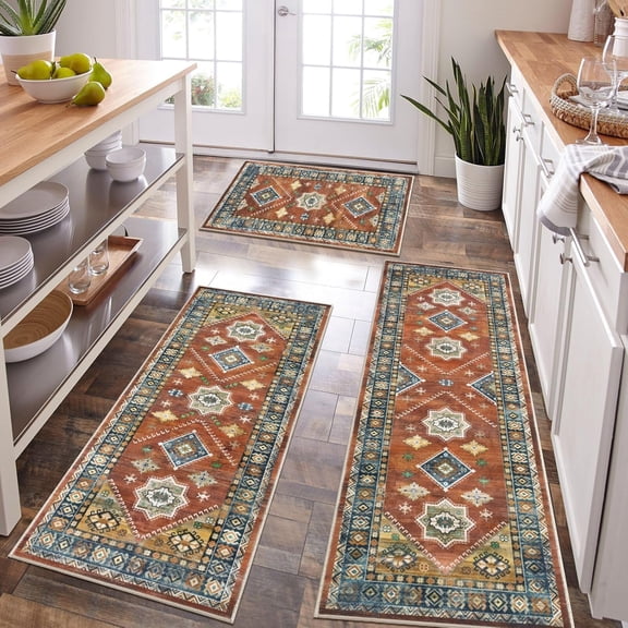 Boho Kitchen Rug Sets 3 Piece with Runner Non Slip Kitchen Rugs and Mats Washable Kitchen Mats for Floor Thick Kitchen Floor Mat Carpet Runner Rugs for Hallway Laundry Holiday Decor