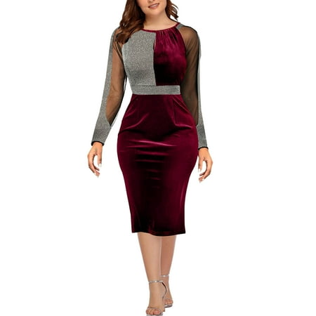 

cllios Velvet Dress for Women Crewneck Long Sleeve Midi Dresses Sexy Patchwork Formal Prom Elegant Dress Evening Party Dress