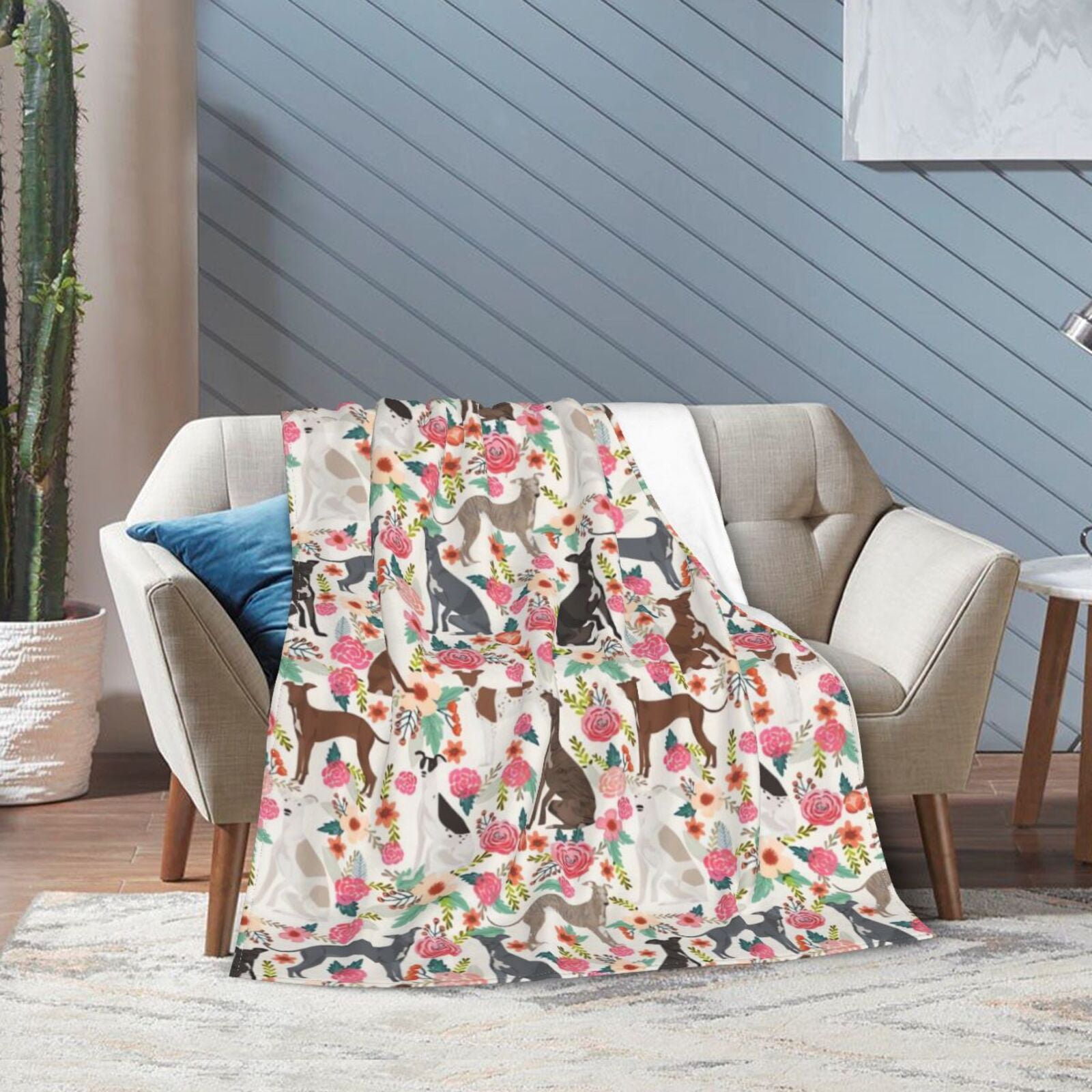 Italian Greyhound Dogs Lovers Flower Floral Blanket Gifts For Kids Adults - Lightweight Throw Blanket For Bedroom Living Room Decor Soft Fuzzy Fleece Cozy Plush Bed Couch 50"X40"