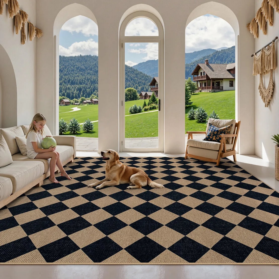 SUNDEREY 8'x10' Easy Jute Area Rug, Large Washable Living Room Rug, Checkerboard Indoor Outdoor Carpet, Modern Geometric Farmhouse Checkered Non Slip Black Carpet for Dining Room Apartment,Black
