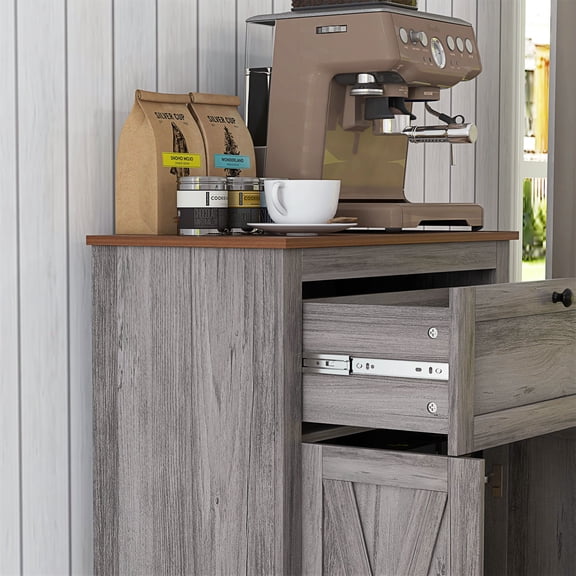 Farmhouse Barn Door Accent Cabinet, Gray Kitchen Sideboard with Drawer & Adjustable Shelf