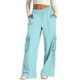 thumbnail image 3 of Women's Wide Leg Cargo Pants Adjustable Drawstring Waist Casual Lounge Trousers with Pockets Oversized Streetwear Comfort Fit Light Blue L, 3 of 8