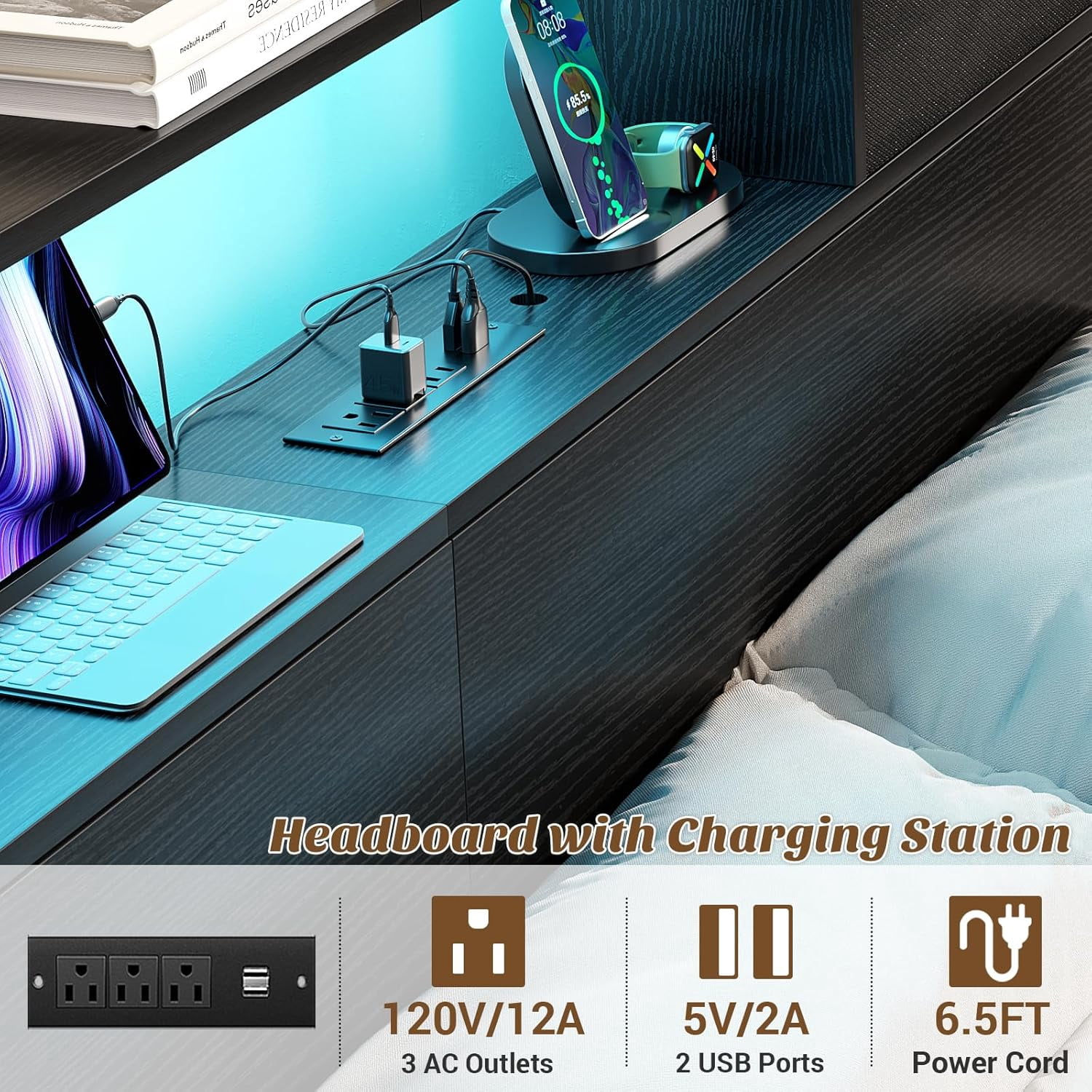 Homieasy King Headboard with Drawer Storage and LED Light, Wood Headboard for King Size Bed with Power Outlet and Bookcase, Sturdy Head Board for Bedroom, Dorm Room, Guest Room, Black