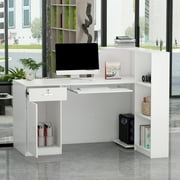 MONSLIPA L-Shape Reception Desk, Home Office Desk with Keyboard Tray, Open Shelves and Lockable Drawer,55 inch