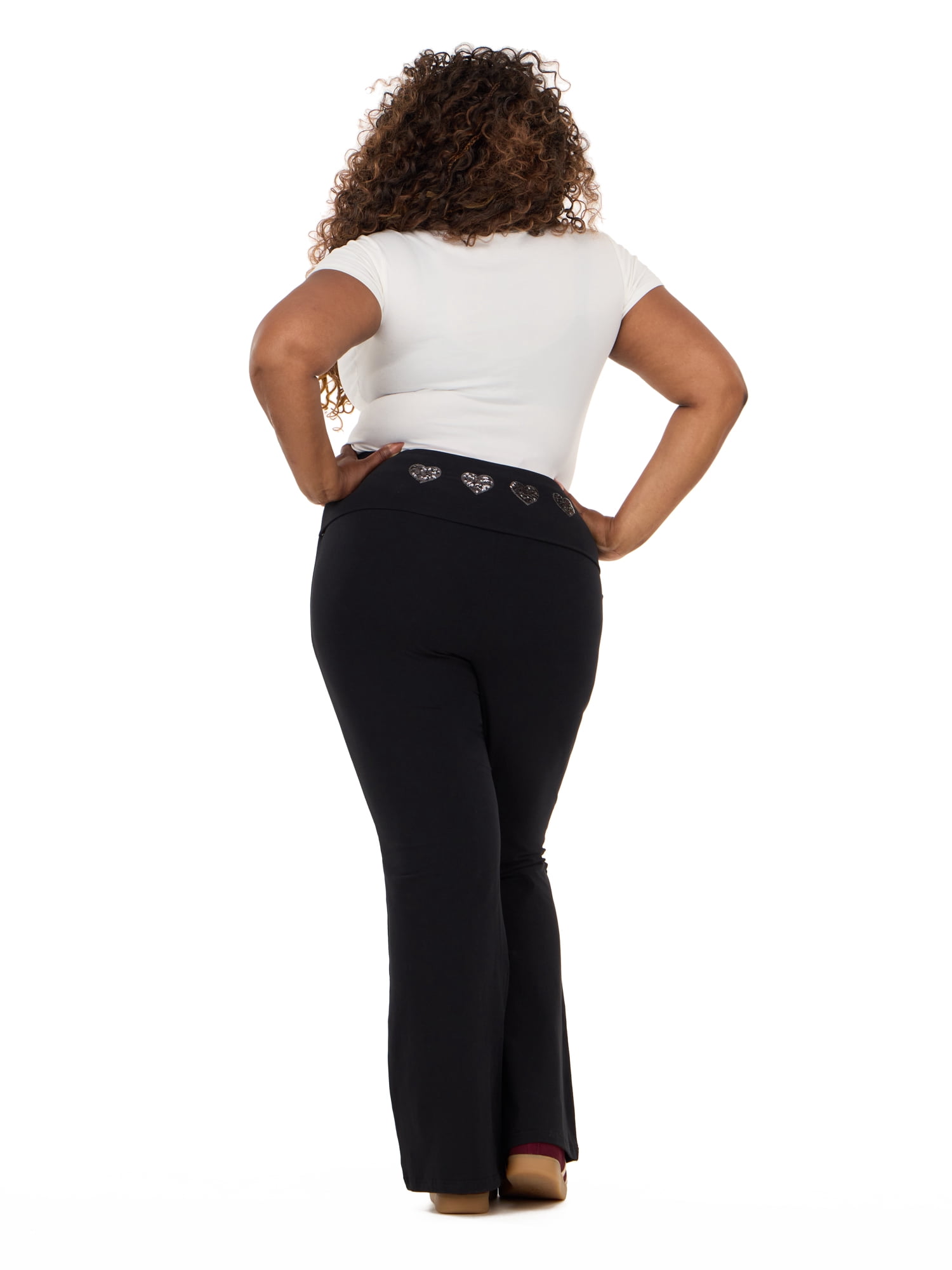 Forever 21 Women's Jersey Fold Over Waist Pants with Graphic Detail, Flare Leg Lounge Pants, Stretch Casual Everyday Comfort Style, Black, XXS-4X