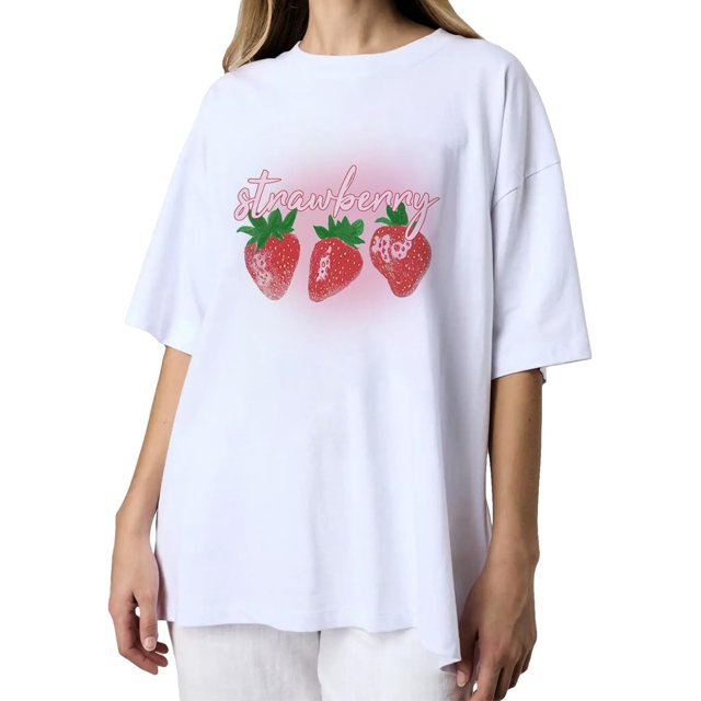 Women Y2K Oversize Summer Fruit Graphic Print White Tee Shirt Short Sleeve Crew Neck Cotton Aesthetic Tshirt Tops Strawberry