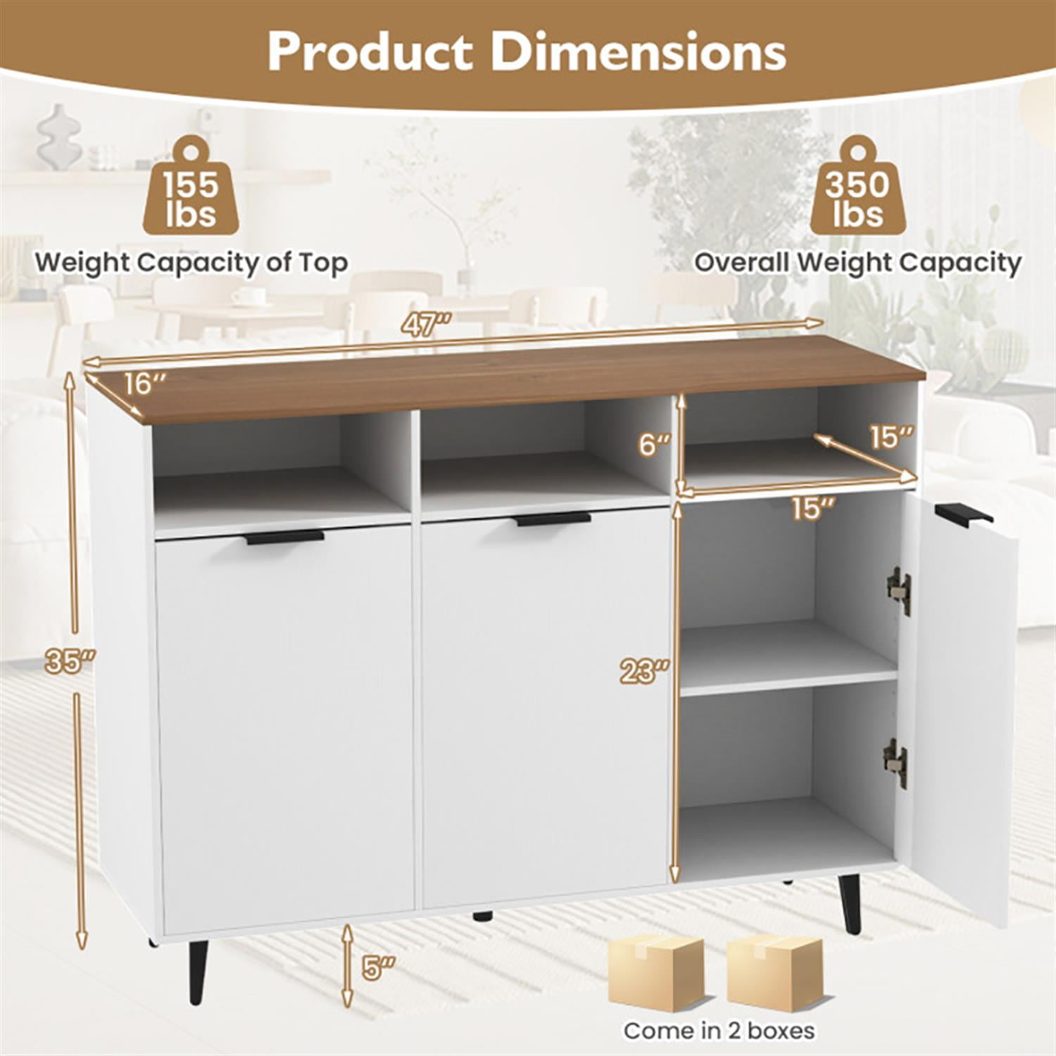 Demi Bonn 47" Sideboard Buffet Cabinet with 5-Position Adjustable Shelves, Kitchen Storage Cabinet, Wood Coffee Bar Buffet Table for Dining Room, White