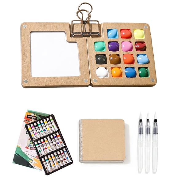 Wood Mini Paint Palette Travel Kit - Mini Travel Watercolor Palette Set for Painters Artists Students