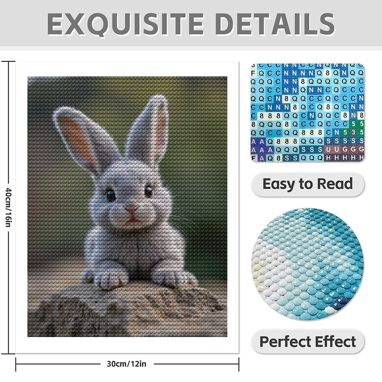Diamond Art Kit for Adults, Cute Gray Bunny On Rock Diamond Painting for Adults Beginners, 5D DIY Diamond Art Painting Kits, Colorful Diamond Painting Craft for Home Decor 12x16