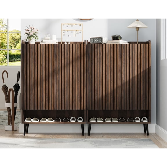 Large Shoe Cabinet with 2 Doors, 6-Tier Entryway Shoe Storage Cabinet with Adjustable Shelves, Freestanding Shoes Rack Organizer for Hallway, Entryway, Living Room, Brown Set of 2