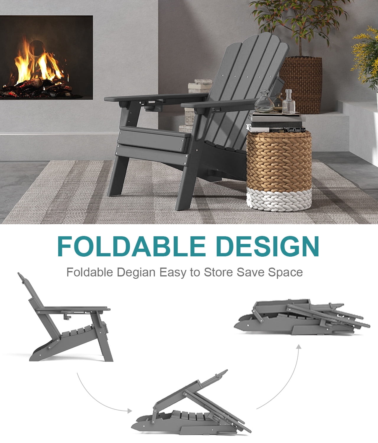 FOOWIN Adjustable Backrest Folding Adirondack Chair Set of 2, HDPE Weather Resistant Adirondack Chair with Cup Holder, Fire Pit Chair, Grey