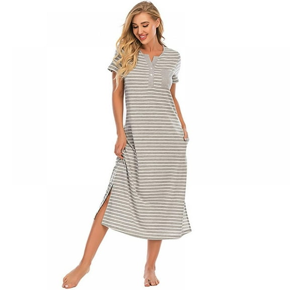 Women's Homewear Striped Over The Knee Nightdress Button Down Nightgown V-Neck Sleepwear Short Sleeve Pajama Dress