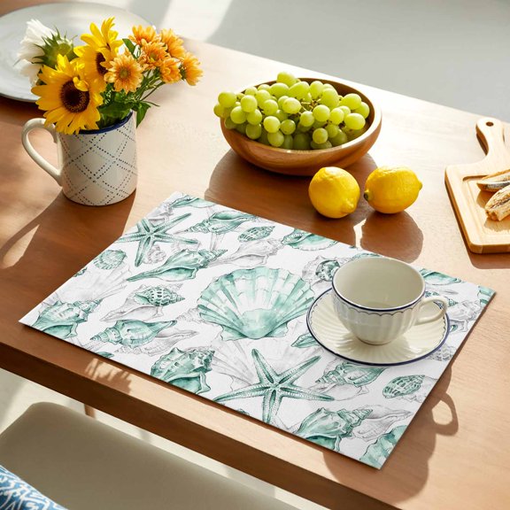 Coastal Seashell Placemats Set of 12, Summer Nautical Green Shell Starfish Marine Life Non-Slip Place Mats Washable Table Mats for Kitchen Dining Table Decorations Indoor/Outdoor