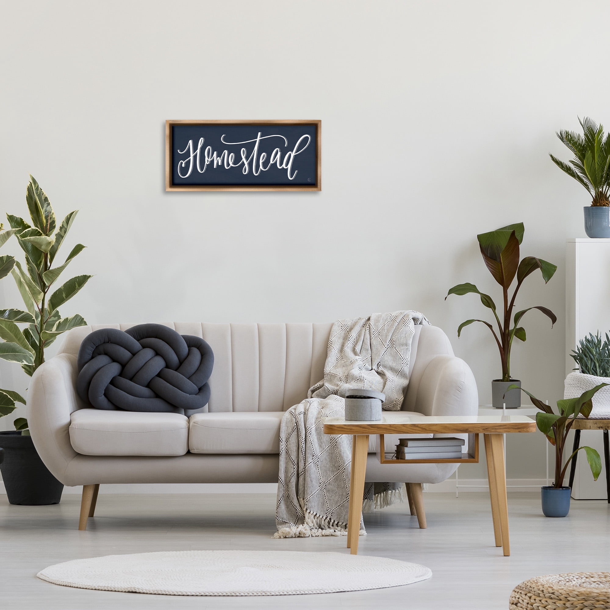 Stupell Industries Navy Blue Homestead Phrase Inspirational Painting Brown Floater Framed Canvas Art Print Wall Art, 25 x 11