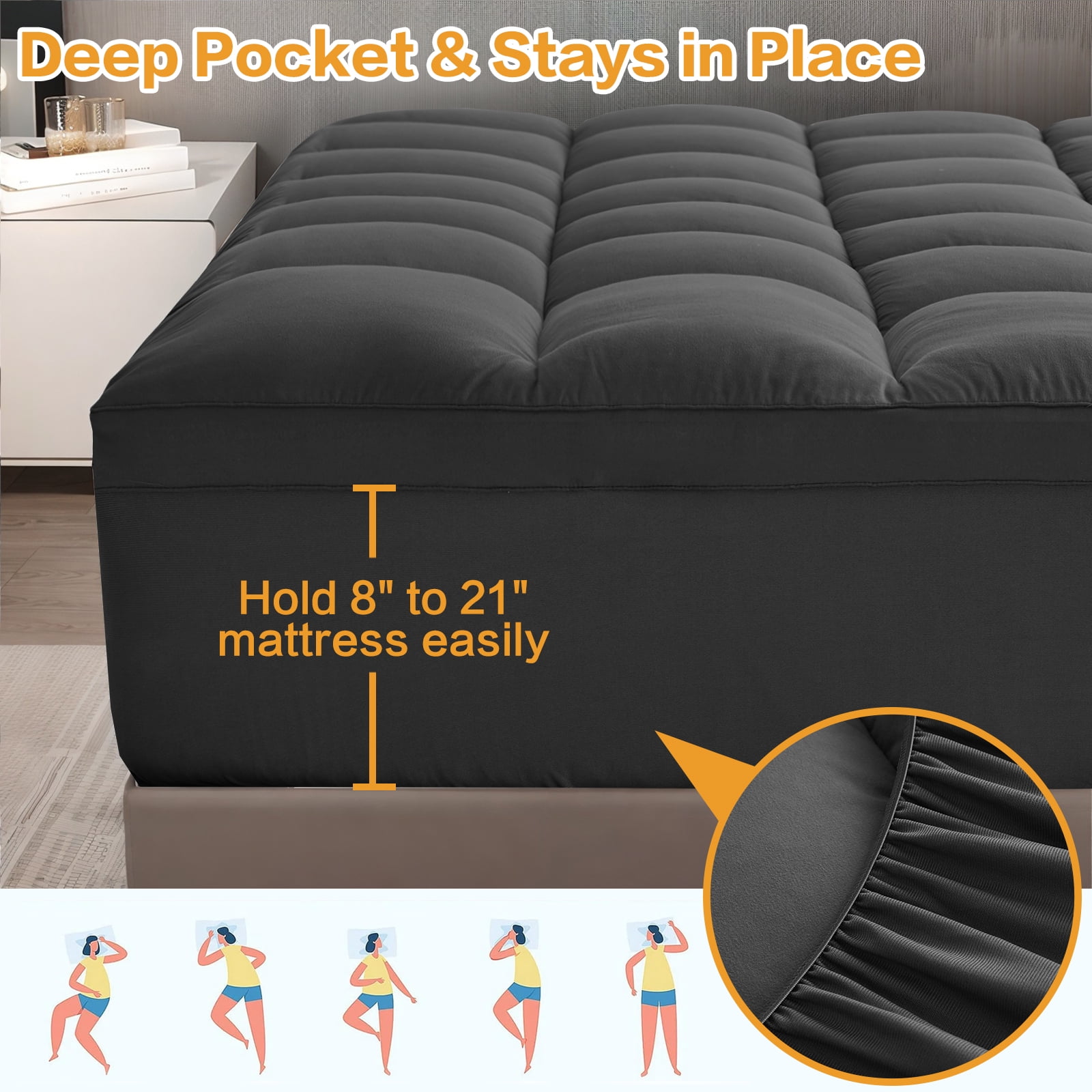 EMONIA 100% 400TC Mattress Topper Full for Back Pain Relief,900GSM Pillow Top Mattress Pad, Cooling Mattress Cover with 8-21" Deep Elastic Pocket, ultra-soft Noiseless Washable (Dark Gray,Full)