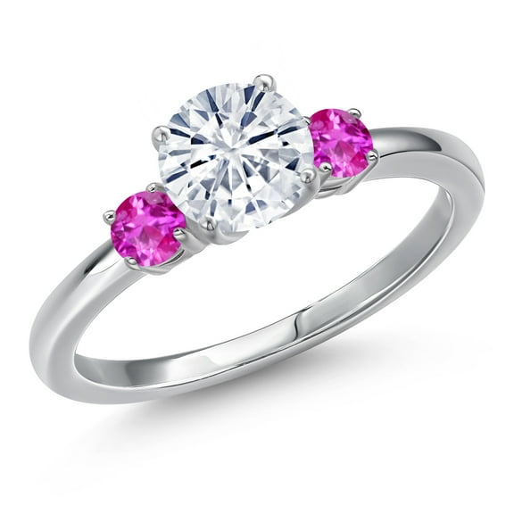 Gem Stone King 14K White Gold White Moissanite and Pink Sapphire Engagement Ring for Women | 1.27 Cttw | Round 6.5MM | Gemstone Birthstone | Size 8
