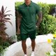 thumbnail image 3 of Hombre Sudadera Pantalones Cortos Traje Color Puro Cuello Vuelto Cremallera Transpirable Piel Amigable Hombre Camiseta Conjunto Verde M, 3 of 6