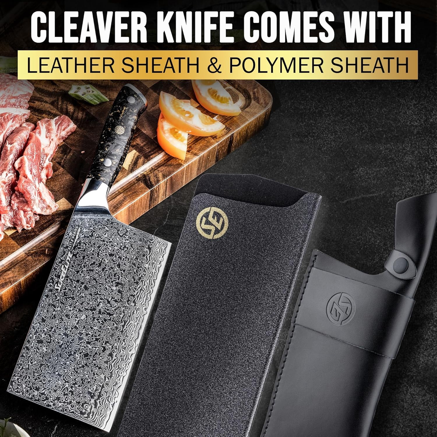 Elite Series 7-Inch Meat Cleaver Knife –Damascus Steel VG10 Core Carbon Fiber Handle with Dual Sheath Polymer & Leather | Butcher Knife for Meat Cutting & Chopper (Cleaver Knife with Leather Sheath)