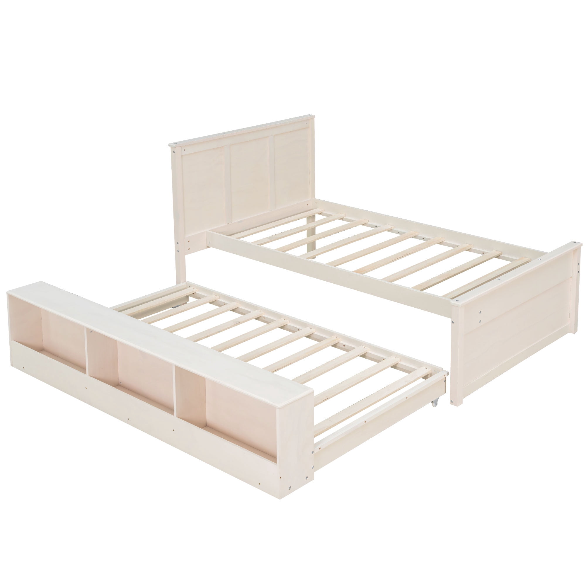 Alvantor Twin Bed Frames with Pull Out Trundle, Headboard and Storage Shelves, Cream White