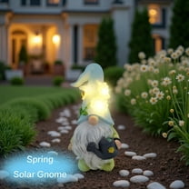 Spring Outdoor Decor Garden Gnome Statue, Resin Yard Sculpture with Solar Bee Flower Light