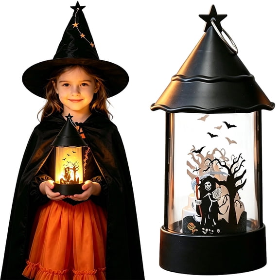 SMKE Vintage Halloween Lantern Tabletop Decor,Battery Operated Flickering Flame Flameless Candle Lantern with Cutout Design,Hanging Decor Mantel Shelf Centerpiece Spooky Party Display Black 1pc