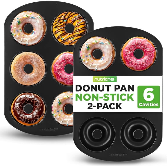 NutriChef Nonstick Donut Pans for Baking | 6 Durable & Easy to Clean Doughnut Molds | Fits Full-Sized Doughnuts | Oven Safe Up To 450F | Bake Perfect Donuts & Bagels | 12.5 x 8.5 Donut Trays | 2 Pack