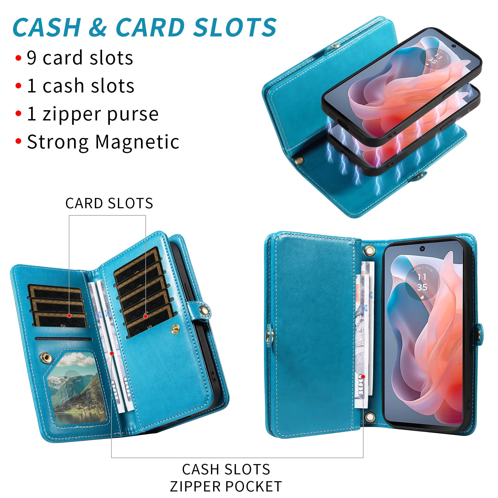 Asuwish Phone Case for Motorola Moto G Play 4G 2024 Zipper Wallet Detachable Cell Cover with Tempered Glass Screen Protector Crossbody Strap Flower Flip Card Holder XT2413V XT2413-1 64GB Women Blue