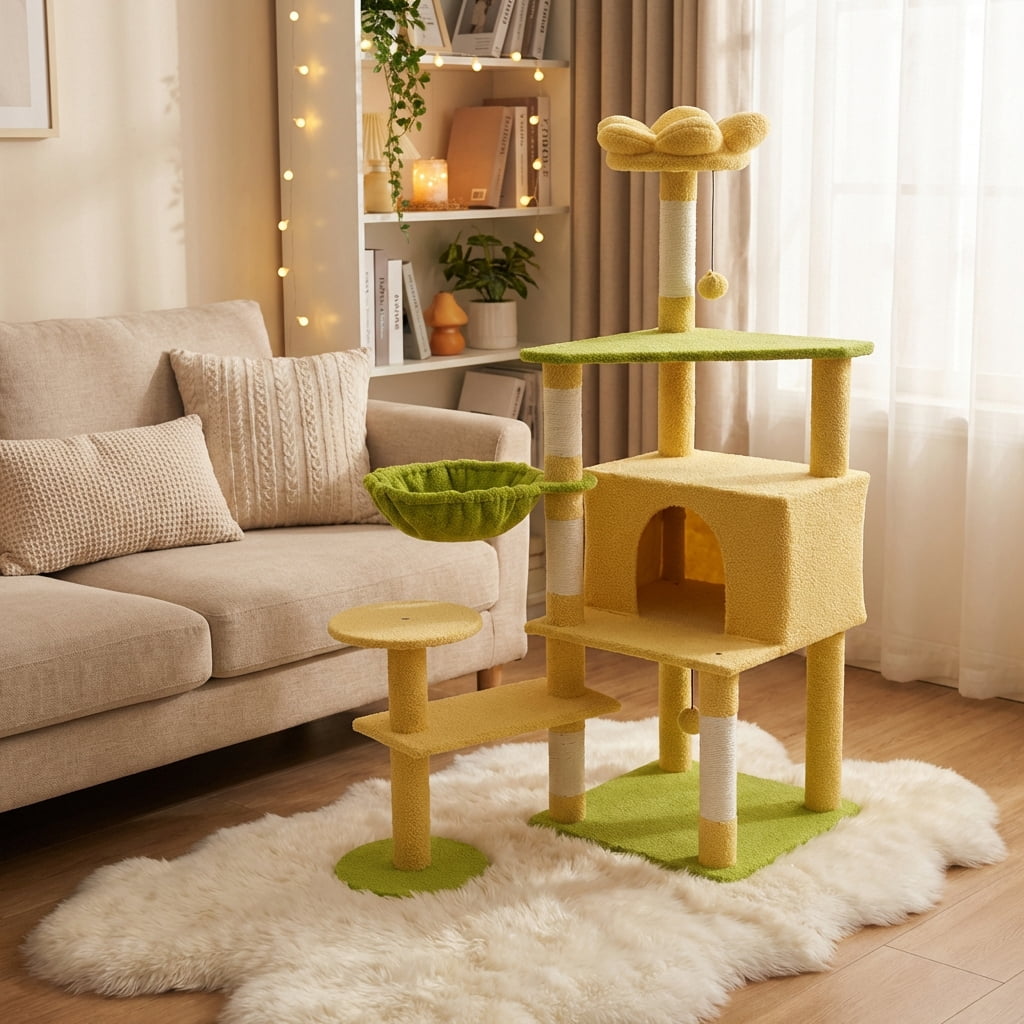 Flower Cat Tree With Large Condo Removable Flower Cushion and Hammock, Yellow