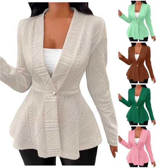 Unir Women Relaxed Shawl Collar Single Button Jacquard Textured Peplum Blazer Long Sleeve Casual Daily Spring Fall Elegant Business Layering Jacket 1PC S-XXL Plus Size Friendly