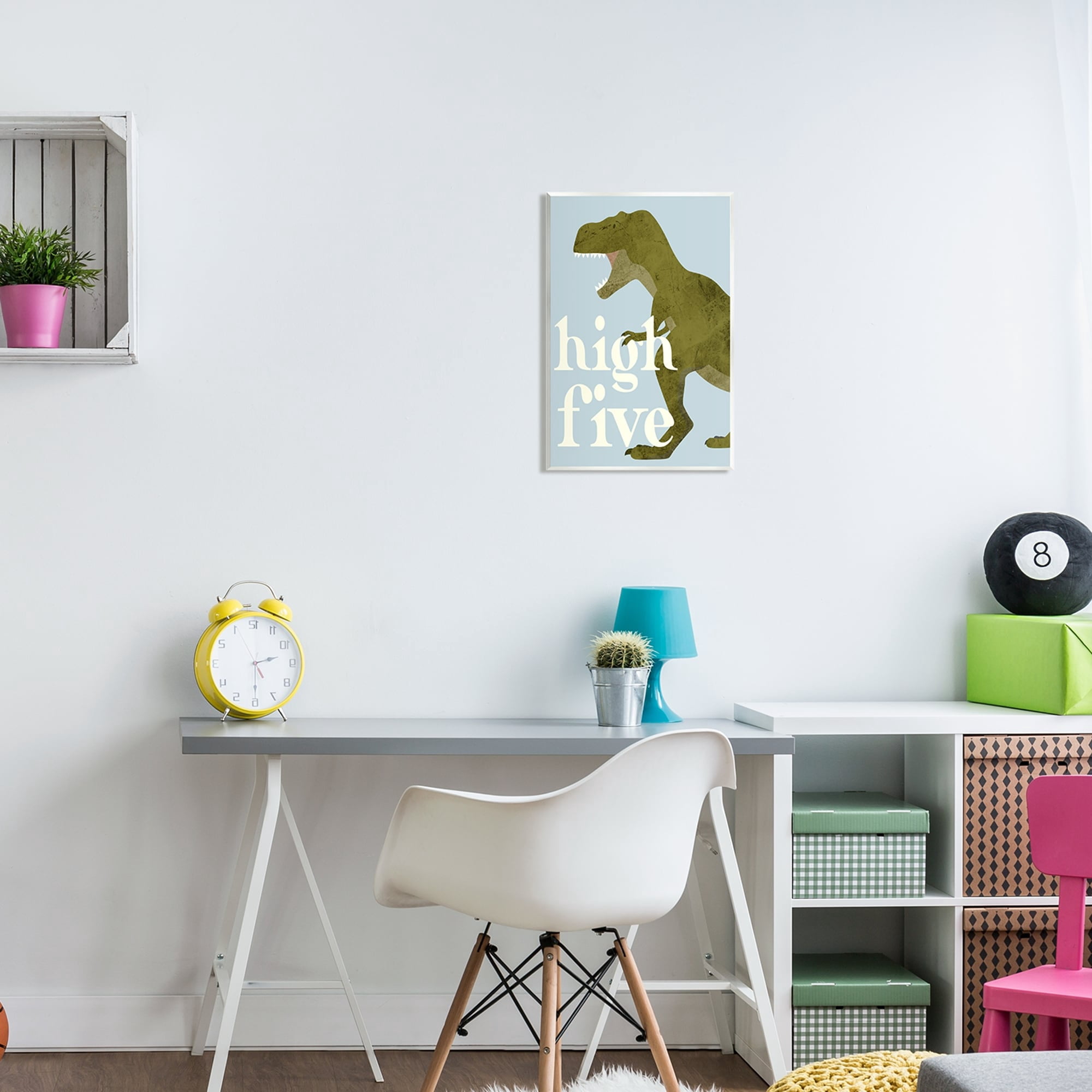 Stupell Industries High Five Roaring Dinosaur T-Rex Kids Typography Graphic Art Unframed Art Print Wall Art, Design by Daphne Polselli