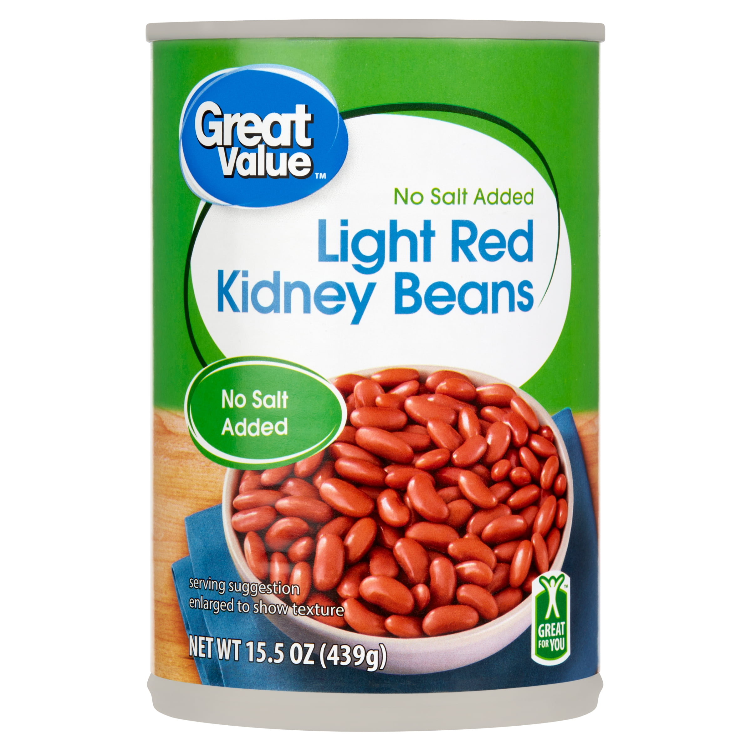 (6 pack) Great Value No Salt Added Light Red Kidney Beans, 15.5 oz