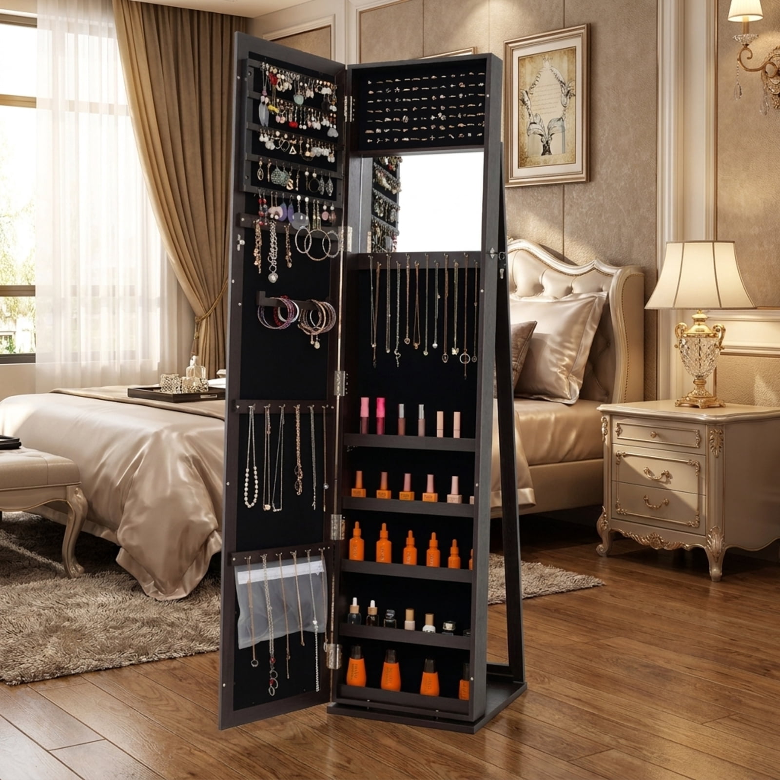 Furnibear Standing Lockable Jewelry Storage Organizer with Full-Length Mirror for Bedroom Dressing Room Jewelry Necklace Rings Storage Mirror, Coffee