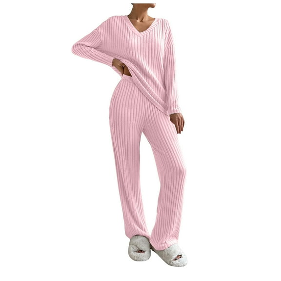felwors Lounge Sets for Women Long Sleeve Knit Ribbed Pajama Sets 2 Piece Loungewear with Pockets RD2, M