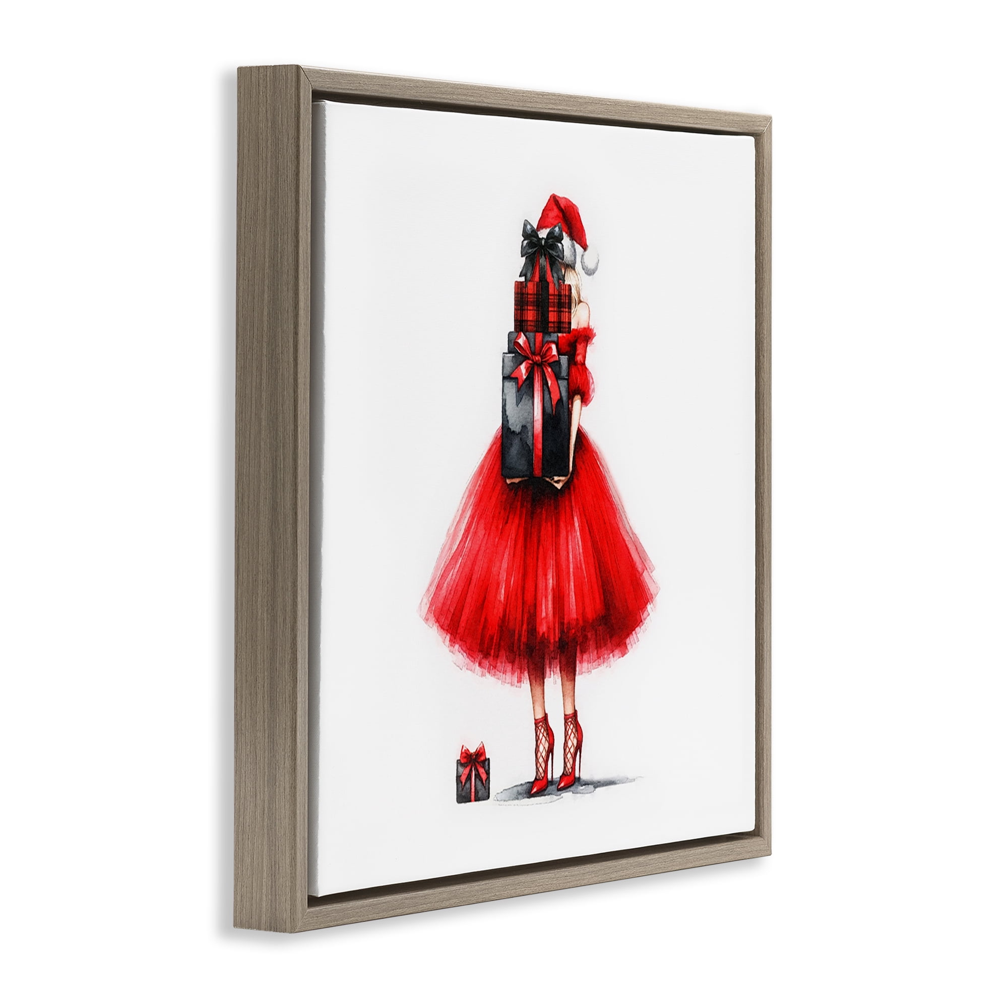 Stupell Industries Chic Christmas Gal Holiday Painting Brown Floater Framed Canvas Art Prints Wall Art, 18 x 18