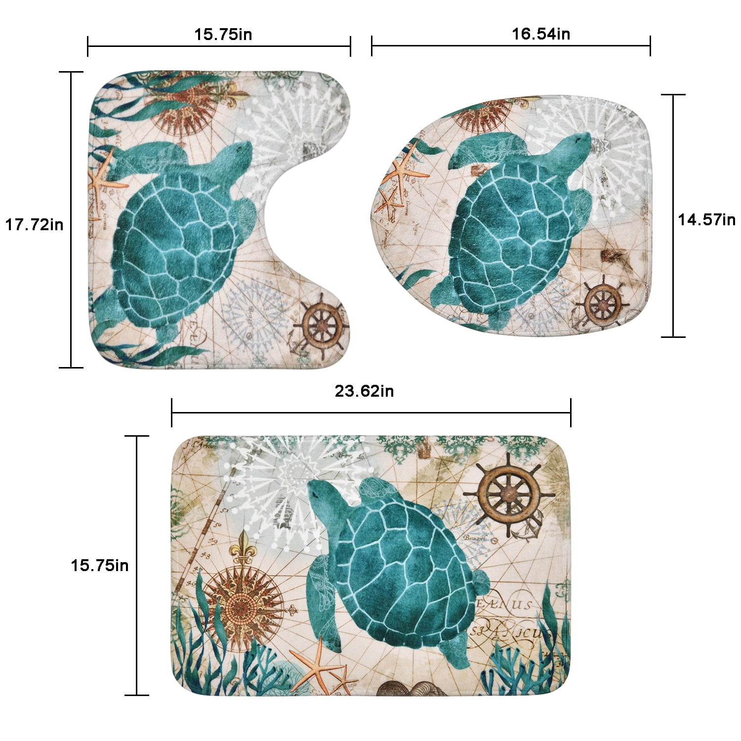 Ikfashoni Sea Turtle Bathroom Sets, Teal Nautical Shower Curtains and Bath Rug Set and Toilet Lid Cover